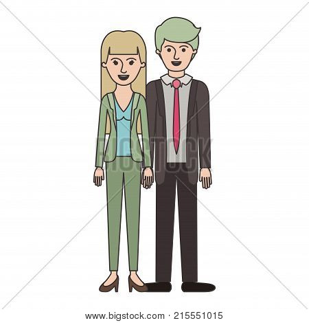 couple colorful silhouette and her with blouse and jacket and pants and heel shoes with straight long hair and him with suit and tie and pants and shoes with short hair vector illustration