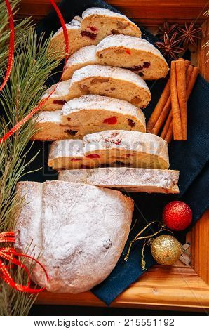 Slices Of Dresden Stollen With Dried Cranberies And Nuts. Festive European Dessert. Christmas Baking