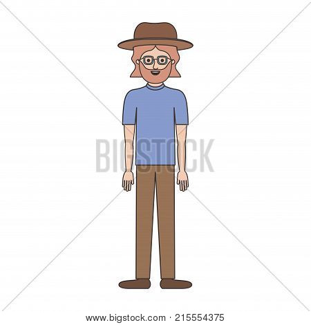 man with hat and glasses and t-shirt and pants and shoes with mid length hair and beard on colorful silhouette vector illustration