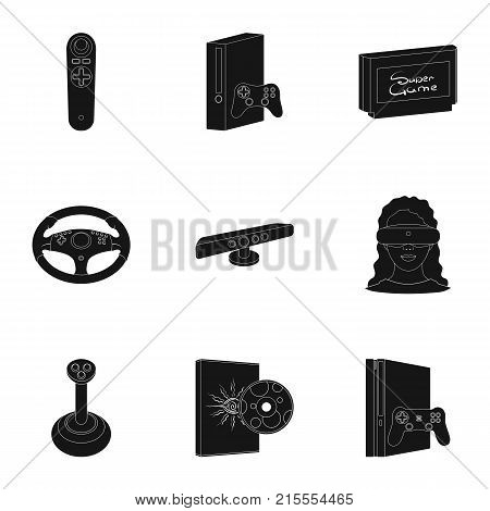 Game console and virtual reality black icons in set collection for design.Game Gadgets vector symbol stock illustration.