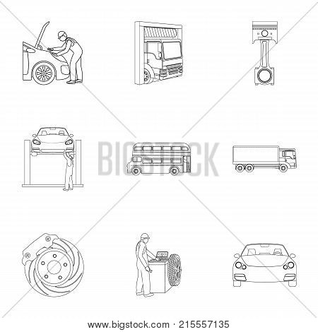 Car, lift, pump and other equipment outline icons in set collection for design. Car maintenance station vector symbol stock illustration .