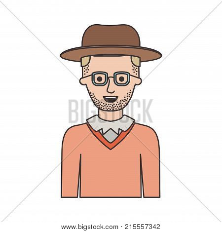 man half body with hat and glasses and sweater with short hair and stubble beard on colorful silhouette vector illustration