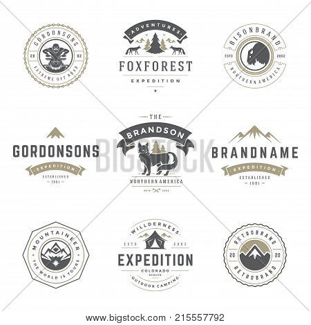 Camping logos templates vector design elements and silhouettes set, Outdoor adventure mountains and forest expeditions, vintage style emblems and badges retro illustration.
