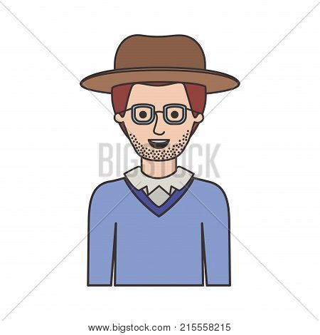 man half body with hat and glasses and sweater with stubble beard on colorful silhouette vector illustration
