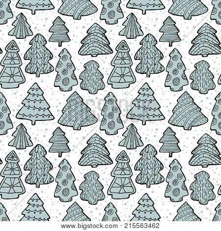 Cute Christmas seamless pattern with Christmas tree and decorations. Hand drawn line art illustration for winter seasonal backgrounds packaging textile wrapping and backdrops.