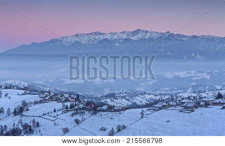 Winter Rural View With Mountains