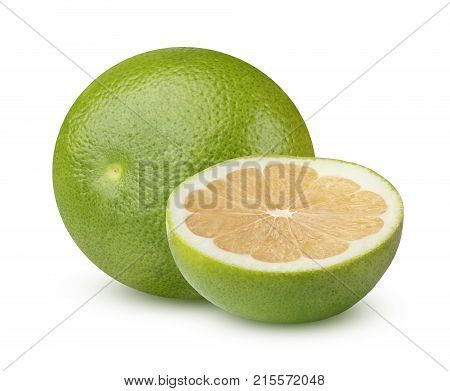 Citrus Sweetie (Pomelit Citrus 'Oroblanco) isolated on white background with shadow. One whole and one half of the fruit.