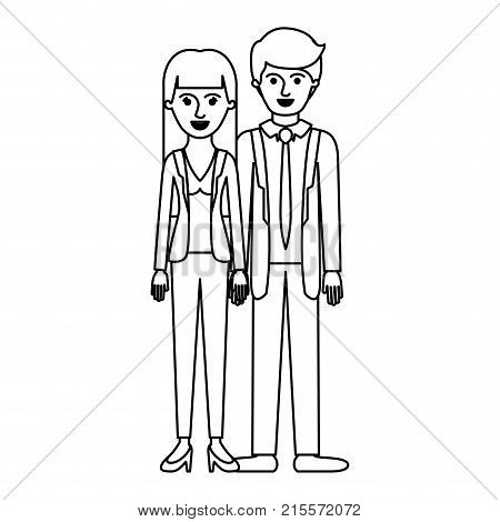 couple monochrome silhouette and her with blouse and jacket and pants and heel shoes with straight long hair and him with suit and tie and pants and shoes with short hair vector illustration