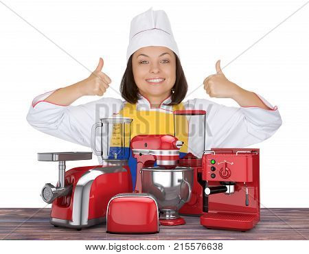 Kitchen Appliances Set. Beautiful Young Woman Chef Show Thumbs Up near Red Blender Toaster Coffee Machine Meat Ginder Food Mixer and Coffee Grinder on a white background. 3d Rendering