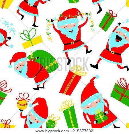Background with cute Santa Claus and gift boxes. Christmas seamless pattern. Cartoon vector illustration for winter seasonal wrapping backdrops textile
