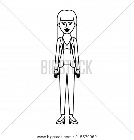 woman full body with blouse and jacket and pants and heel shoes with straight long hair in monochrome silhouette vector illustration