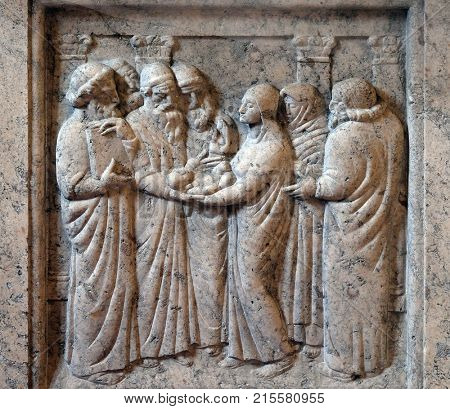 ZAGREB, CROATIA - AUGUST 19: The Presentation of Jesus in the Temple by Ivan Mestrovic in the church of St. Mark in Zagreb, Croatia on August 19, 2017.