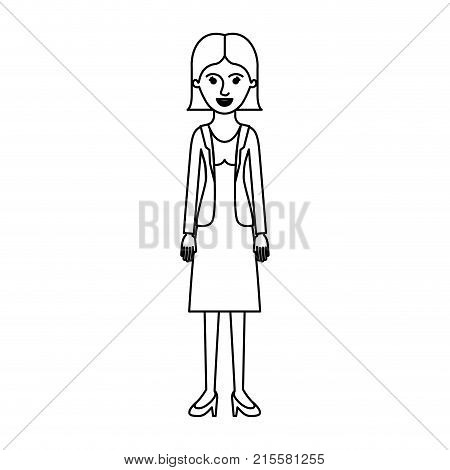 woman full body with blouse and jacket and skirt and heel shoes with short straight hairstyle in monochrome silhouette vector illustration