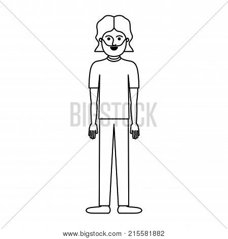 man full body with t-shirt and pants and shoes with mid length hair and beard in monochrome silhouette vector illustration