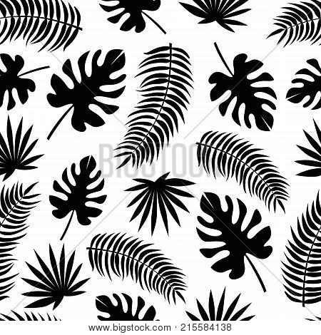 Seamless pattern with black silhouettes of tropical leaves isolated on white background. Endless texture with exotic plants