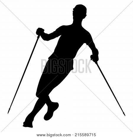 black silhouette athlete with trekking sticks running trail