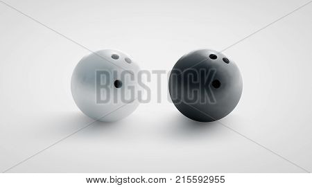 Blank black and white bowling ball mockups set front view 3d rendering. Empty bowl game sphere mock up isolated. Leisure sport equipment design template. Plain shiny orb with 3 holes.