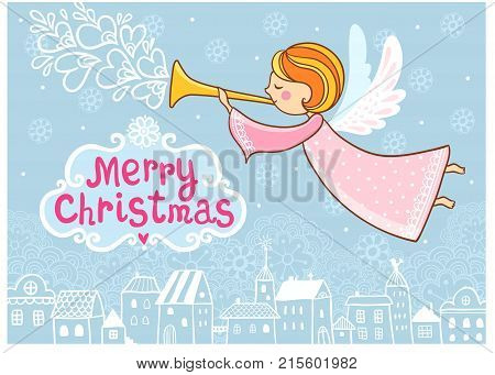 Christmas Greeting Card With A Flying Angel.