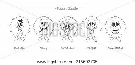 Day Of The Dead. Set Of Skulls In Black And White