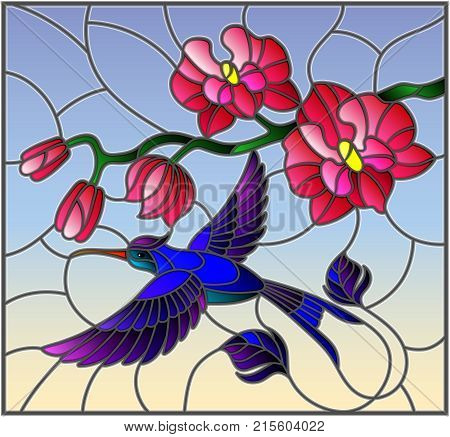 Illustration in stained glass style with a branch of pink Orchid and bright bird Hummingbird on a sky background