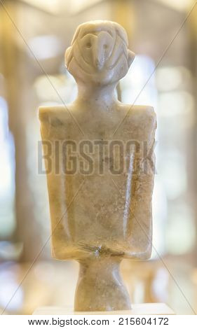Badajoz Spain - January 29 2011: Anthropomorphous idol of Rena Badajoz. Representation of deity belong to Chalcolithic period at Archeological Museum of Badajoz