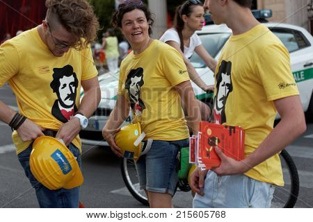 BERGAMO, ITALY - JUNE 17, 2017: Volunteers of Donizetti Night at work in the city center. The event is held by Donizetty Foundation annually since 2015