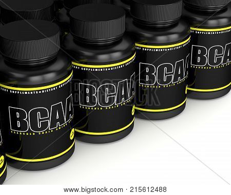 3D Render Of Bcaa Bottles With Pills In Row