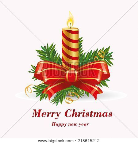 Christmas candle with branches of a Christmas tree and a red bow. Vector illustration.