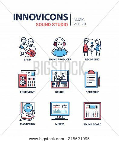 Sound studio - line design icons set with description on white background. Music making company concept. Band, producer, recording, equipment, schedule, mastering, mixing, board