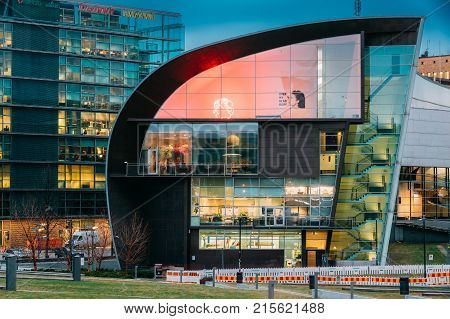 Helsinki, Finland - December 7, 2016: Evening Night View Of Kiasma Contemporary Art Museum. The Museum Exhibits The Contemporary Art Collection Of The Finnish National Gallery Founded In 1990.