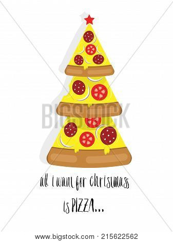 Christmas Tree pizza with text. Vector funny illustration