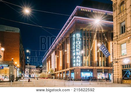 Helsinki, Finland - December 6, 2016: Building Of Stockmann Department Store On Keskuskatu Street In Evening Or Night Christmas Xmas New Year Festive Illumination.