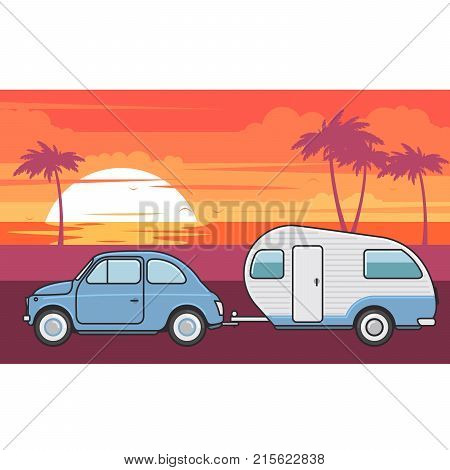 Retro car with camper trailer - summer vacation journey