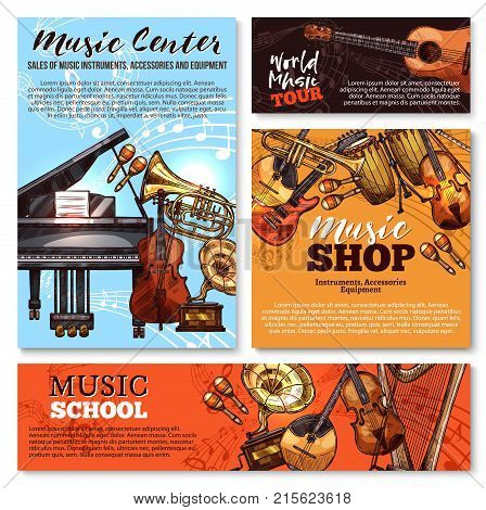 Musical instruments shop sale sketch posters and banners templates. Vector design of music piano, guitar and orchestra harp, trombone and drums or gramophone, flute and fiddle violin and maracas