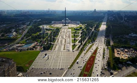 Aerial view on Poklonnaya Hill in Moscow, Russia. Poklonnaya Hill in Moscow, Russia. Statue of St. George and main building of museum of Great Patriotic War on Poklonnaya Hill, aerial view 4K