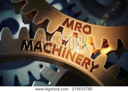 MRO Machinery - Illustration with Glowing Light Effect. Golden Metallic Cogwheels with MRO Machinery Concept. 3D Rendering.