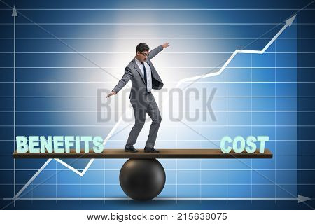 Businessman balancing between cost and benefit in business concept