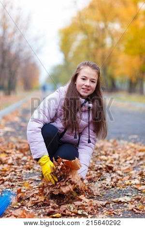 A girl in a pink jacket, sitting in an autumn park, collects the fallen leaves.