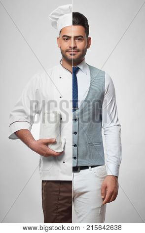 Combined portrait of a handsome young man dressed as a businessman and as a cooking chef people lifestyle collage professions occupation jobs career success diversity concept.