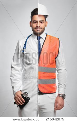 Combined studio portrait of a young bearded handsome man dressed as a doctor and professional engineer in safety vest and hardhat professions occupation jobs career medicine building architecture.