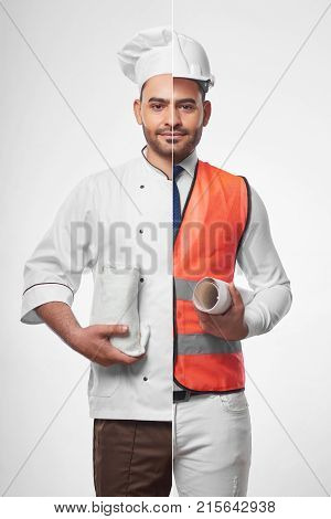 Combined shot of a young hispanic handsome man dressed as a chef and a professional architect wearinh safety vest and hardhat holding blueprints profession occupation hobby cooking food concept.