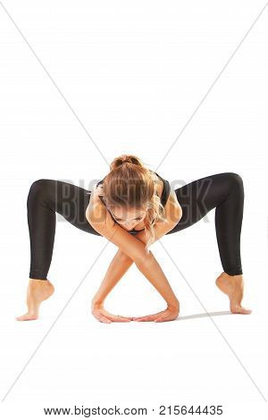 Beautiful Flexible Woman Doing Yoga Poses On White