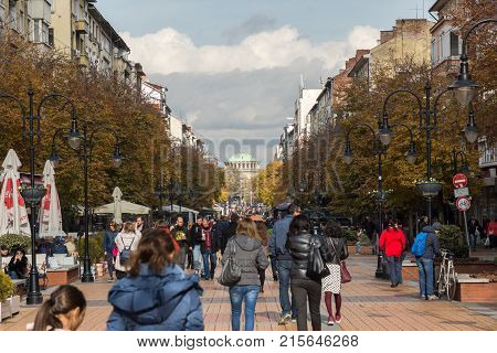 SOFIA, BULGARIA - NOVEMBER 12, 2017: Walking people on Boulevard Vitosha in city of Sofia, Bulgaria