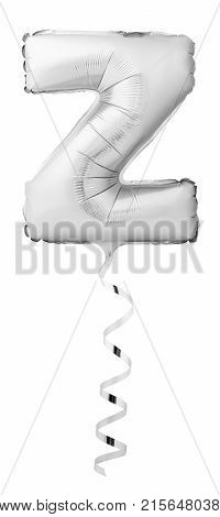 Silver chrome letter Z made of inflatable balloon with silver ribbon isolated on white background
