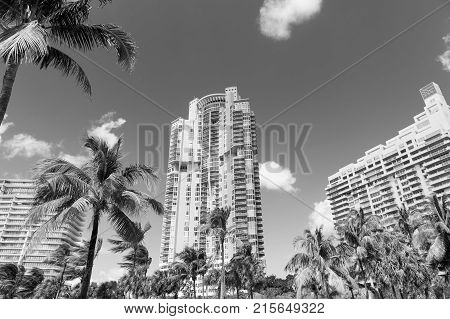 Architectural luxury flat building Miami Style South Beach Florida Modern art deco condominium construction aqua and apricot color with palm trees against blue tropical sky background