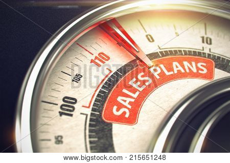 Sales Plans Rate Conceptual Scale with Inscription on the Red Label. Business or Marketing Concept. Metal Balance with Red Punchline Reach the Sales Plans. Illustration with Depth of Field Effect. 3D.