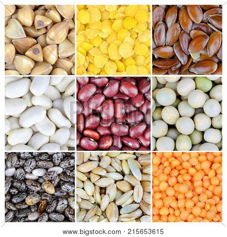 Collage of various beans cereals and seeds. Can be ised as a background.