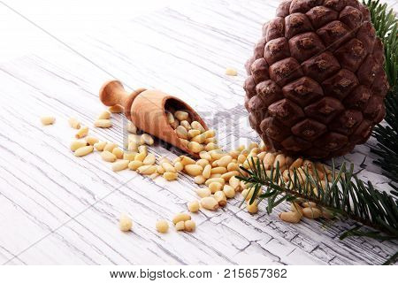 spoon with pine nuts with pinoli pine cones in the background.