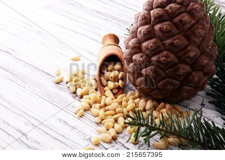 spoon with pine nuts with pinoli pine cones in the background.
