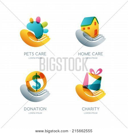 Set Of Charity, Donation And Care Vector Logo, Icon, Emblem. Concept For Voluntary Humanitarian Help